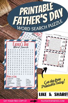 the printable father's day word search puzzle is shown on a wooden table