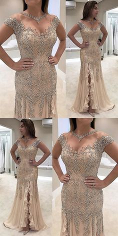 Champagne Prom Dresses, Chiffon Prom Dresses, Split Prom Dresses, Champagne Prom Dress, Prom Dresses Elegant, Elegant Prom Dresses, Dresses Chiffon, Beaded Prom Dress, Chiffon Prom Dress