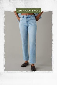 Denim/Mid-weight structured denim with just enough stretch for everyday comfort/True jean-like fabric that holds its shape/Light wash True Jeans, Straight Jeans, Leg Jeans, American Eagle Outfitters, Women's Jeans, American Eagle, Women Jeans, High Waisted, Fabric