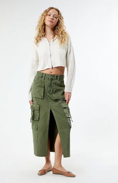 Olive Cargo Midi Skirt Cargo Midi Skirt, My Mobile Number, Skirts Midi High Waisted, Green Skirt, Exclusive Collection, Pacsun, Midi Length, Stretch Fabric, Cool Style