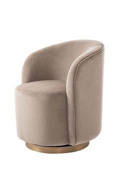 a round chair with a gold base and grey velvet upholstered on the back