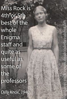 a woman standing in front of a tree with a quote from the book miss rock is 4th or 5th of the whole enigma staff and quite as useful as some of the professor