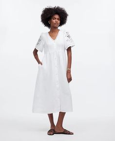 Cassie Button-Front Midi Dress in Linen | Madewell White Linen Dresses, Maxi Sundress, Embroidered Linen, Tiered Midi Dress, Striped Midi Dress, Madewell Dresses, Midi Dress With Sleeves, Flowy Skirt, Lace White Dress