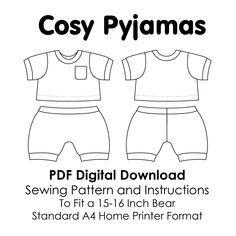 Pdf digital sewing pattern to make pyjamas suitable for most high street stuff your own bears. This pattern has been tested to to fit a wide range of bears. This pattern is suitable for 4 way stretch jersey fabrics such as cotton lycra and French Terry qualities. A good scrap busting project or to make matching PJ's for your little one and their favourite bear. An ideal gift to make for Christmas.  Note:  This is a digital file suitable for a home printer and is set up in an A4 format. The pattern pieces are digitised and include seam allowance of 0.6mm. Suitable for an overlocker or a standard sewing machine. Instructions are detailed and include step by step photographs and written instructions of the full construction process. Build A Bear Clothes Pattern, Build A Bear Clothes, Bear Patterns Sewing, Patchwork Bear, Memory Bears Pattern, Build A Bear Outfits, Bear Clothes, Teddy Bear Sewing Pattern, Keepsake Bear