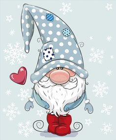 a cartoon gnome with hearts on a blue background