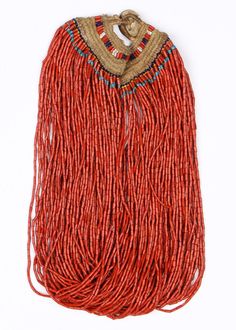 "Authentic Konyak Naga Red Glass Bead Necklace, Ca Early 1900\"s, # 1481 Description: # 1481 Red Glass Bead Naga Necklace. 71-strands of old, uniform red glass trade beads in an authentic, original necklace, worn by Konyak tribe Naga people in the northwest hills of Burma throughout the past few centuries. Beads possibly of Indian manufacture in the mid-1900's. Condition: Very good condition, with tightly woven beaded macrame. Dimensions: Size: 24'' x 2.5'' (51 x 6 cm). Nagaland has a rich diver Vintage Red Hand-strung Beaded Necklaces, Artisan Red Beaded Necklace, Artisan Red Beaded Necklace With Round Beads, Ceremonial Red Beaded Jewelry, Traditional Red Ceremonial Beads, Artisan Red Necklaces For Ceremonial Use, Artisan Red Necklaces For Ceremonial Occasions, Artisan Red Ceremonial Necklaces, Red Round Beads Necklace For Ceremonial Occasions