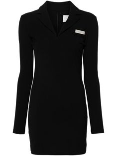 black virgin wool blend twill weave stretch-design notched lapels V-neck silver-tone logo plaque at the chest long sleeves thigh-length straight hem unlined concealed rear zip fastening Twill Weave, Mini Black Dress, Day Dresses, Wool Blend, The Dress, Silver Tone, Top Brands, Dress Outfits, Long Sleeves