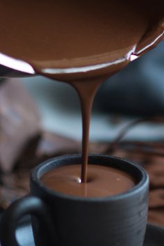 chocolate being poured into a coffee cup