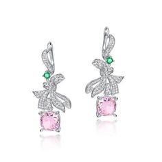 LOVCIA Sterling Silver Pink Cushion Cut Gemstone Ribbon Drop Earrings for Women LOVCIA Luxury Cushion Cut Gemstone Earrings, Elegant Pink Sterling Silver Diamond Earrings, Ice Flower, Black Friday Jewelry, Pink Cushion, Jewelry Organizer Storage, Gem Diamonds, Pink Cushions, Mens Beaded Bracelets