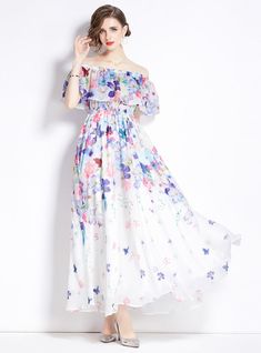 Envision a serene walk through a flourishing garden with this ethereal floral maxi dress. Its whisper-soft chiffon fabric floats around the body, featuring a symphony of pastel florals that bloom against an immaculate white backdrop. The dress offers an off-shoulder neckline draped with a delicate ruffle, adding a romantic flair that’s reminiscent of the first blush of spring. An elasticized waist cinches gently, providing comfort and definition, while the full, flowing skirt glides gracefully t Bohemian Chiffon Dress For Summer Garden Party, White Chiffon Dress For Garden Party, Flowy Multicolor Chiffon Maxi Dress, Floral Print Flowy Long Maxi Dress, Spring Flowy Chiffon Dress, Flowy Chiffon Spring Dress, Spring Floral Print Maxi Dress With Flowy Skirt, Bohemian Chiffon Floral Dress For Garden Party, Feminine Flowy Chiffon Maxi Dress