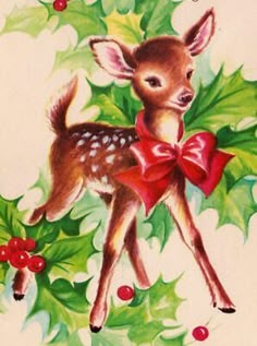 a painting of a baby deer with holly and bells on it's chest, wearing a red bow