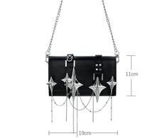 High-Quality Materials: This handbag is meticulously crafted with an exquisite combination of 18K platinum plating and high-end leather, ensuring both durability and a sophisticated appearance. The premium materials used provide a luxurious finish, setting it apart in terms of quality and elegance. Size Details: Measuring 19cm in length and 11cm in height, the Star Trails Chain Handbag Satchel™ offers a compact yet spacious interior, perfect for carrying your essentials. Its versatile size makes it suitable for various occasions, from casual outings to formal events. Novel Design: What truly makes this handbag unique is its distinctive four-pointed star embellishments, adding a touch of individuality and flair. The elegant chain detail further enhances its chic look, making it a stylish ac High-end Rectangular Bag With Chain Strap, High-end Rectangular Shoulder Bag With Chain Strap, High-end Silver Shoulder Bag With Palladium Hardware, Luxury Handheld Bag With Chain Strap, Silver Shoulder Bag With Top Handle And Chain Strap, High-end Silver Bag With Palladium Hardware, High-end Evening Shoulder Bag With Metal Hardware, High-end Silver Bag With Detachable Strap, Luxury Silver Shoulder Bag With Chain