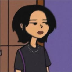 an animated woman with black hair and brown eyes standing in front of a purple wall