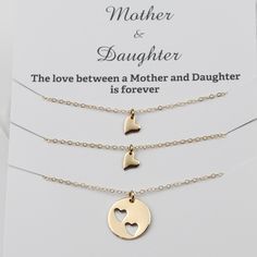 "Mothers Day Gift 14K Solid Gold Mother Daughter Necklace Set This necklace set is a nice gift for Mother's Day These necklaces will arrive in a nice gift box. If you prefer the necklaces be shipped in an individual box, please let me know. 3 Daughters and Mother: Mother necklace: The charm is 14K gold, 5/8\" (22 gauge) The necklace is 14k gold 18\" Daughter necklace: The charm is 14K gold, it is about 1/4\" x 5/16\" The necklace is 14k gold 16\" 2 Daughters and Mother Mother necklace: The charm Mother Daughter Necklaces, Memorable Jewelry, Mother Daughter Necklaces Set, 3 Daughters, Charm Bracelets For Girls, 2 Daughters, Mother's Ring, Promise Bracelet, Mother Daughter Jewelry