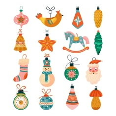 an assortment of christmas ornaments on a white background