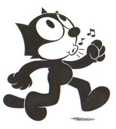 a black and white cartoon cat running with music notes in his mouth, on a white background