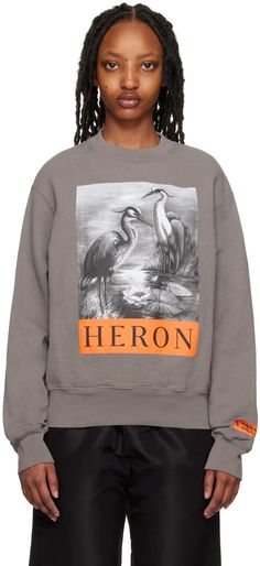 Gray 'Heron' Sweatshirt by Heron Preston on Sale Spring Crew Sweatshirt With Logo Detail, Crew Neck Sweatshirt With Logo For Fall, Oversized Logo Sweatshirt For Fall, Fall Sweater With Logo Detail And Relaxed Fit, Gray Heron, Grey Heron, Heron Preston, Black Body, Preston