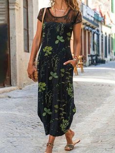 Women's Boho Maxi Dress Lace-Paneled Floral Printed Short Sleeve Holiday Dress Casual Maxi Dress With Lace Patchwork, Casual Fitted Lace Patchwork Maxi Dress, Casual Fitted Maxi Dress With Lace Patchwork, Casual Green Dress With Lace Patchwork, Casual Black Dress With Lace Patchwork, Casual Patchwork Maxi Dress For Party, Black Lace Patchwork Maxi Dress For Summer, Black Maxi Dress With Lace Patchwork For Summer, Green Lace Trim Maxi Dress For Summer