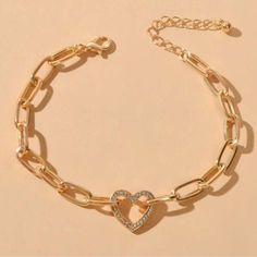 Heart Gold Tone Chain Bracelet, Faux Gemstones/Gold, Ships In 7-8 Days Gold Layered Bracelets, Rhinestone Anklet, Gold Bracelet Set, Heart Decor, Silver Jewelry Design, Silver Anklets, Rhinestone Heart, Engagement Bands, Heart Decorations