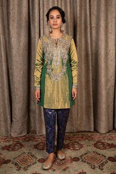 Green silk tissue kurta with zardosi hand embroidery. Comes with navy blue brocade pant and a red silk organza dupatta with aari work. - Aza Fashions Tissue Kurta, Women Kurta, Straight Kurta, Organza Dupatta, Aari Work, Kurta With Pants, Purple Silk, Silk Organza, Red Silk