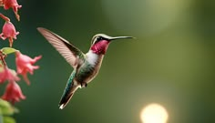 a hummingbird is flying near some pink flowers