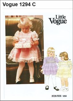 "Little Vogue 1294 Toddler Girl's Party, Wedding Dress Vintage 80s Sewing Pattern This pattern is: New Factory Fold Envelope is Torn on Edges My environment is Smoke and Pet Free Toddler Size 2 Breast 20\" Pattern Description: Pattern and instructions for sewing Toddler Dress: Dress, above mid-knee, has collar, fitted tucked bodice, slightly flared tucked skirt, back zipper and short tucked sleeves. Purchased trim and ribbon belt. View A: neck and hem ruffle and attached underskirt. View B: cont Pattern Grading, Party Wedding Dress, Wedding Dress Vintage, Vintage Kids Clothes, Vintage Girls Dresses, Vintage Toddler, Bookmarks Kids, Kids Couture, Dress Making Patterns