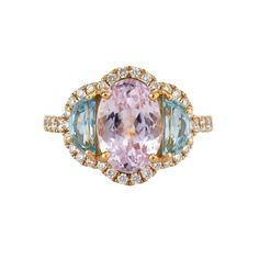 New Tutti Frutti Ring features an oval morganite center stone with half moon aquamarines and pave diamond surround set in 18k gold. 14mm H x 16mm W If you interested in different color stones please reach out to us and we'd be happy to work with you on a custom ring. As each ring is custom made please allow 2-4 weeks for shipping. Luxury Multi-stone Oval Crystal Ring, Balloon Surprise, Pink Diamonds, Morganite Diamond, Luxe Jewelry, Sparkly Things, Family Jewels, Color Stones, Custom Ring