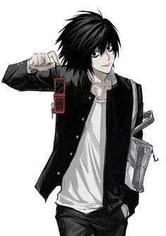 an anime character with black hair and white shirt holding a cell phone in his hand