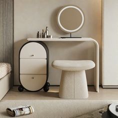 a bedroom with a vanity, mirror and stool next to a white bed in it