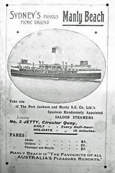 an advertisement for the sydney's famous ferry, manly beach on display at the city museum