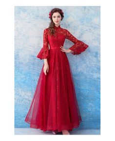 Buy Modest Red Lace Flare Sleeve Formal Dress For Wedding at wholesale price online. Free shipping and pro custom service since 2009. Red Lace Gown For Party, Red Lace Party Gown, Festive Lace Dress For Banquet, Red Long Sleeve Gown For Ceremonies, Elegant Long Sleeve Red Ball Gown, Elegant Red Long Sleeve Ball Gown, Red Evening Dress With Sweep Train For Banquet, Red Evening Wedding Dress For Prom Season, Red Wedding Dress For Prom Season Evening