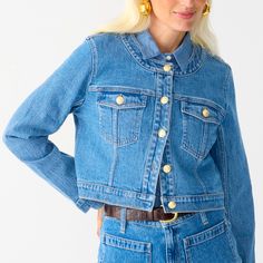 This Super-Flattering, 100% Cotton Denim Jacket Is An Instant Classic And Fashion Editor Favorite! Level Up Your Texas Tuxedo With The Collarless, Cropped Fit And Ladylike Gold Buttons, Or Top Off A Pair Of Trousers To Exploit Her Continental Chic It Is In Excellent New Condition And Just Has Not Left My Closet. Please Take It Before I Convince Myself To Wear It Cropped Denim Top For Work, Spring Denim Utility Jacket With Snap Buttons, Chic Denim Jacket With Flap Pockets, Cropped Denim Top For Spring Workwear, Spring Denim Blue Utility Jacket With Button Closure, Chic Cropped Medium Wash Outerwear, Fitted Blue Denim Jacket With Flap Pockets, Chic Cropped Outerwear In Medium Wash, Chic Long Sleeve Denim Jacket With Flap Pockets