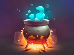 an illustration of a caulder on fire with water and bubbles coming out of it