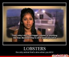 a woman with long black hair in front of a tv screen that says lobsters the only animal that's alive when you kill it