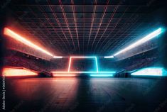 an empty room with neon lights in the ceiling