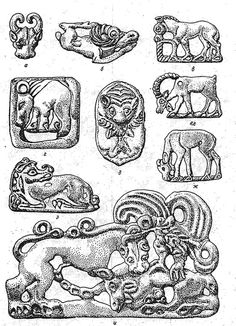 an image of some animals and other things in the style of ancient greek art, vintage line drawing or engraving illustration