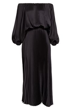 Allover pleats lend graceful movement to this shoulder-baring maxi designed with a smocked waist. 48" center front length (size Medium) Slips on over head Partially lined Off-the-shoulder neck Three-quarter sleeves with elastic cuffs 100% polyester Machine wash, line dry Imported Build Wardrobe, Off The Shoulder Maxi Dress, Maxi Design, Graceful Movement, Black Off Shoulder, Pleated Midi Dress, Halter Maxi Dresses, Dress Ideas, Asymmetrical Dress