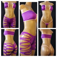 Beautiful Custom Made Exotic Bikini With Ripped Shorts , Made With Great Quality Material. Fits Size Sm/Med Best Tutorial Sewing, Sewing Lingerie, Ripped Shorts, Summer Bikinis, Purple Fashion, Fitted Skirt, Sewing Basics, Short Set, Swim Wear