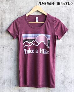 "RUNS TIGHT, size up. I'm 105 lbs/ 5'4\" and I wear a medium comfortably. Can fit in a small as well (fits like a unisex XS) but medium was more comfortable (does fit loosely in a medium, like a unisex S). MAUVE , HEATHER SLATE , MAROON, MILITARY GREEN, and HEATHER MILITARY GREEN NOW COMES IN UNISEX SIZING! made with bella canvas women's favorite cotton tee 100% cotton for solid colors Heather color is 52% cotton, 48% polyester Triblend for the triblend colors (clay, purple triblend, maroon trib Heather Cotton Graphic Print T-shirt, Heather Cotton T-shirt With Graphic Print, Casual Red T-shirt For Outdoor Activities, Crew Neck T-shirt With Letter Print For Hiking, Cotton T-shirt For Hiking With Short Sleeves, Purple Graphic Tee With Sublimation Print, Heather Crew Neck Top With Graphic Print, Sporty Screen Print Tops For Outdoor Activities, Short Sleeve T-shirt With Sublimation Print For Outdoor Activities