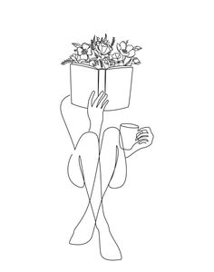 a line drawing of a person holding a vase with flowers on it