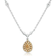 Journey through the heart of elegance with the Pear-shaped Yellow Diamond Necklace. This exquisite piece of fine jewelry is a testament to timeless beauty and sophistication. Whether you're dressing up for a special occasion or adding a touch of luxury to your everyday look, this necklace will never fail to impress.At its center, a mesmerizing 0.37 carat yellow pear-shaped diamond takes the spotlight, radiating a warm and inviting glow. The brilliance of this fancy yellow diamond is further enhanced by a halo of white accent diamonds that gracefully extend up the chain, creating an aura of unmatched opulence.Crafted with precision and attention to detail, this necklace boasts a length of 20.75 inches, ensuring it drapes elegantly around your neckline. The use of 18K white gold as the prima Formal Fine Jewelry Necklace With Teardrop Pendant, Formal Teardrop Pendant Fine Jewelry Necklace, Fine Jewelry Teardrop Pendant Necklace For Formal Occasions, Teardrop Necklace With Elegant Design In Fine Jewelry Style, Teardrop Fine Jewelry Necklace With Elegant Design, Teardrop Shaped Fine Jewelry Necklace With Elegant Design, Elegant Teardrop Fine Jewelry Necklace, Fine Jewelry Teardrop Necklace With Elegant Design, Exquisite Pear-shaped Necklace For Anniversary