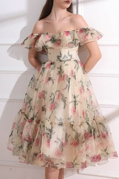 Corset Off the Shoulder Floral Print Organza Tiered Dress Organza Prom Dress With Floral Print, Floral Print Organza Prom Dress, Organza Floral Print Prom Dresses, Spring Off-shoulder Organza Dress, Organza Floral Print Garden Party Dress, Floral Print Organza Dresses For Garden Party, Floral Print Organza Dresses For Prom, Feminine Floral Print Organza Dress, Off Shoulder Casual Dress