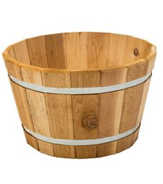 a wooden basket with white stripes on the sides