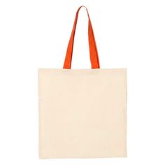 a white bag with an orange handle is on a white surface and has two handles