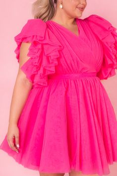 hot pink tulle short dress Tulle Short Dress, City Woman, Pink Vibes, Pink Tulle, Flutter Sleeves, Full Skirt, Flutter Sleeve, V Shape, Short Dress