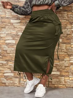 Army Green Casual   Polyester Plain Straight Embellished Non-Stretch Spring/Summer/Fall Plus Size Bottoms Plus Size Baddie Outfits, Plus Size Summer Outfits, Rock Outfit, Trendy Skirts, Hem Skirt, Fashion Dresses Casual, Plus Size Skirts, Plus Size Kleidung, Primavera Estate