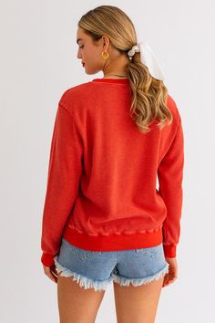 Spread some cozy patriotic vibes with our adorable USA Thermal Sweatshirt in red! Round Neck Fabric: 65% Polyester + 35% Cotton Model is wearing a size Small French Terry Crew Neck Top, Solid Color French Terry Tops With Crew Neck, Solid French Terry Crew Neck Top, Solid Crew Neck Tops In French Terry, Solid French Terry Tops With Crew Neck, Comfy French Terry Tops For Fall, Comfortable Relaxed Fit French Terry Top, Comfortable Relaxed Fit Tops In French Terry, Comfy Cotton Tops With Cozy Fit