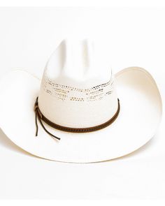 Bangora straw. Vented crown. 4" brim. Leather sweatband. Cattleman crease crown. Curved brim. Brown leather hat band with braided and studded accents White Toquilla Straw Hat Bands For Ranch, White Straw Hat Bands For Ranch, White Toquilla Straw Hat Bands For Western-themed Events, White Toquilla Straw Hat For Western-themed Events, Western Style Adjustable Straw Hat With Flat Brim, Adjustable Flat Brim Straw Hat For Rodeo, Adjustable Flat Brim Western Straw Hat, White Brimmed Straw Hat For Ranch, Rodeo Hats With Braided Short Brim