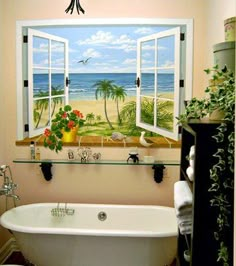 a bathroom with a painting on the wall and a bathtub in front of it