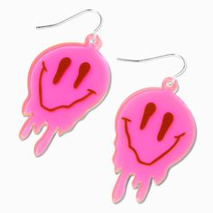 Claire's Melting Pink Happy Face 2" Drop Earrings Claires Earrings Claire's, Pink Hypoallergenic Plastic Earrings, Fun Pink Earrings For Pierced Ears, Playful Pink Plastic Earrings, Playful Pink Earrings For Birthday, Novelty Pink Hypoallergenic Earrings, Playful Pink Birthday Earrings, Trendy Pink Hypoallergenic Earrings, Trendy Hypoallergenic Pink Earrings